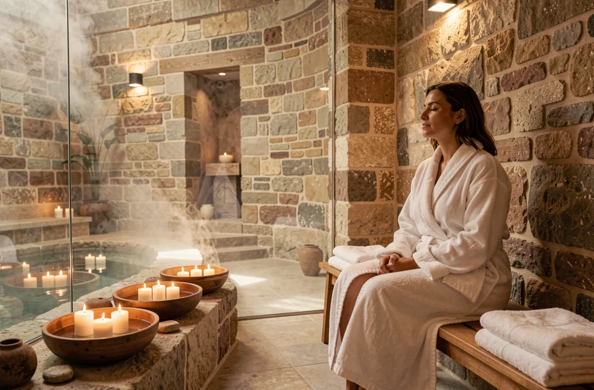 Intérieur d'un spa paisible dans les Hauts-de-France avec bougies flottantes, serviettes blanches et femme en peignoir