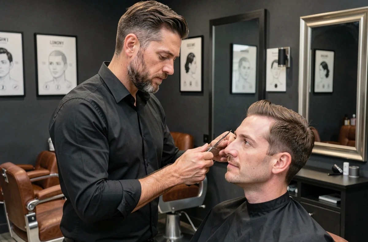Coiffeur visagiste analysant la morphologie d'un client au salon Mike Saxenhammer à Longwy
