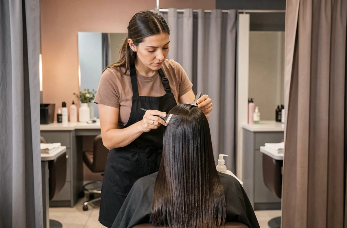 Spécialiste en lissage appliquant un soin kératine dans le salon privatif Mlle Coiffure à Louviers