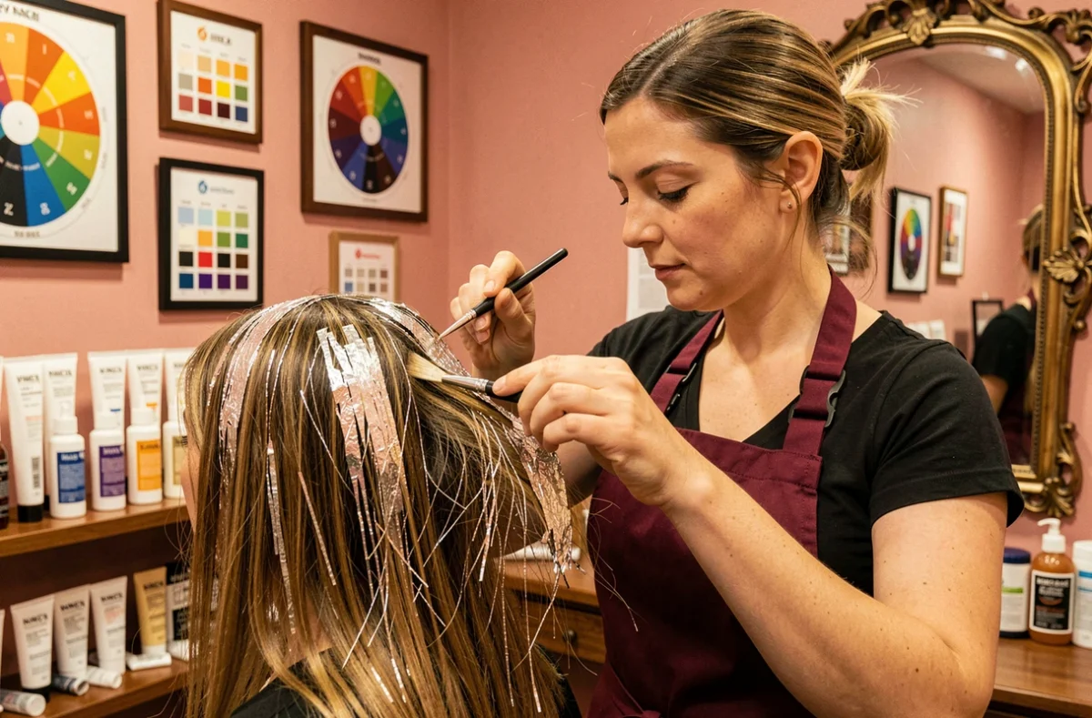 Coloriste de Nina Rive Gauche à Nancy appliquant des mèches avec une technique de balayage précise
