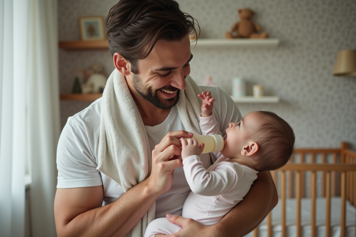 Père donnant le biberon à sa fille dans la nurserie