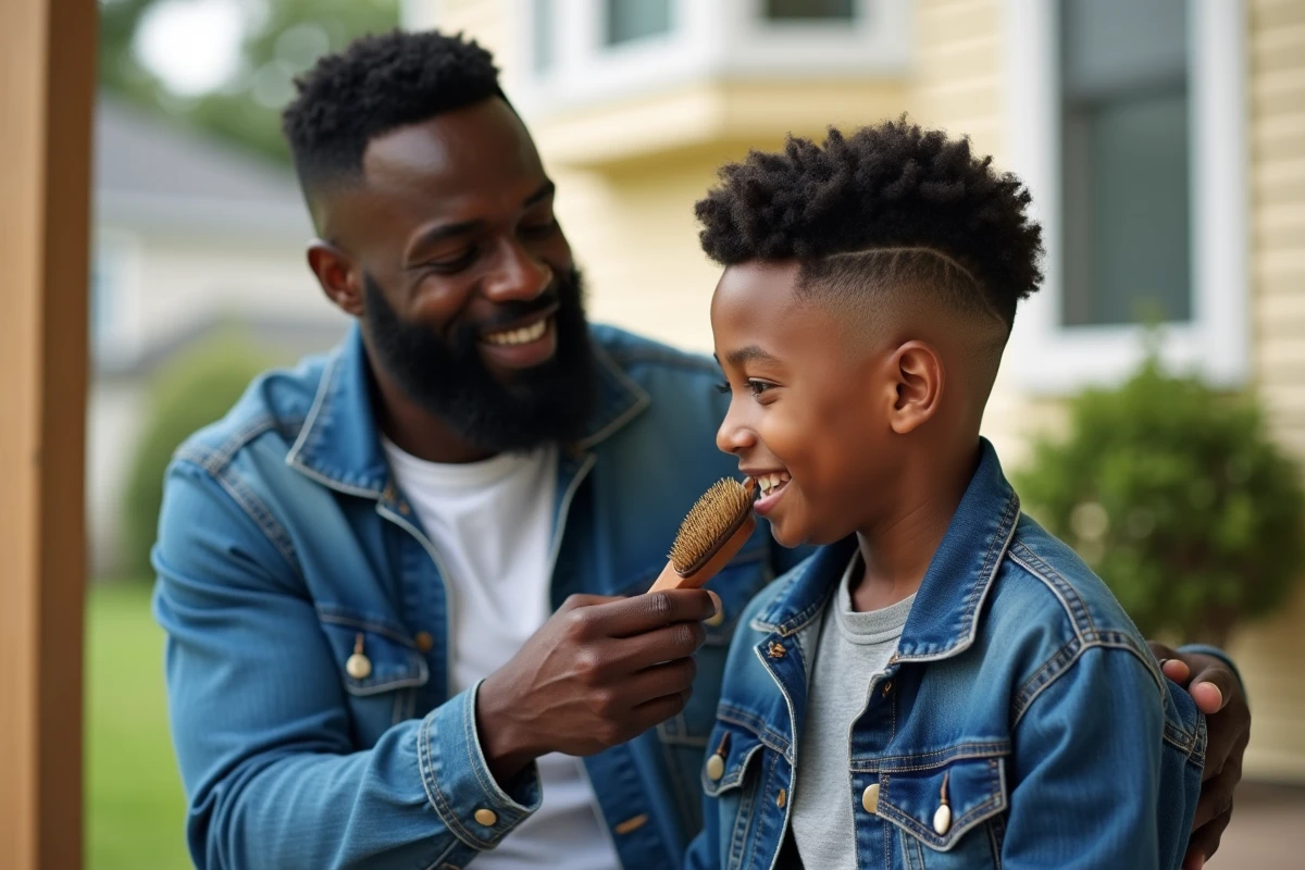Père et fils noirs avec coupes taper en extérieur