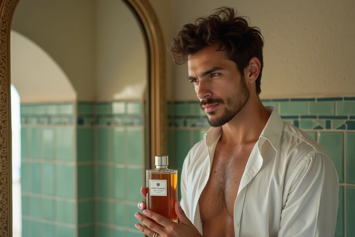 Homme à peau grasse tenant un flacon de parfum Abdul Samad dans une salle de bain aux carreaux de zellige