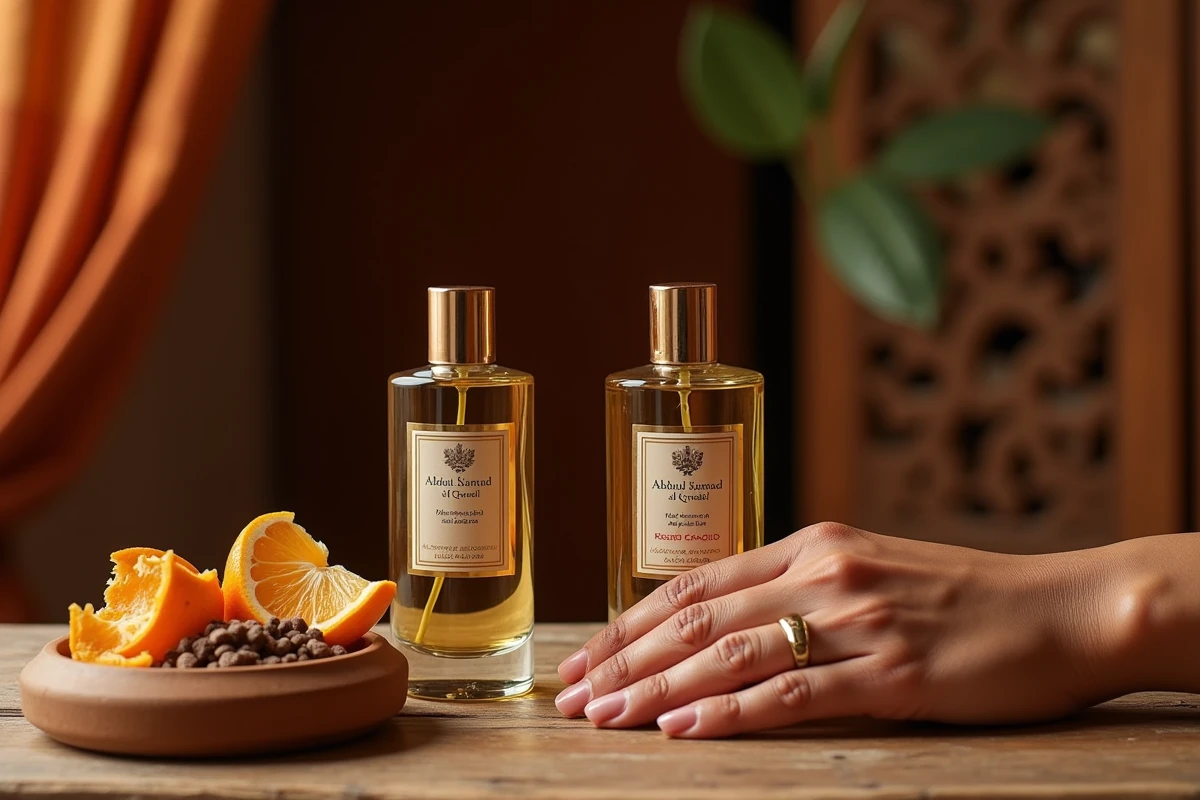 Flacons de parfum Abdul Samad sur bois de cèdre avec main féminine à peau mixte dans un intérieur arabisant
