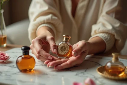 Femme à peau sèche appliquant un parfum Abdul Samad Al Qurashi sur le poignet devant une coiffeuse en marbre