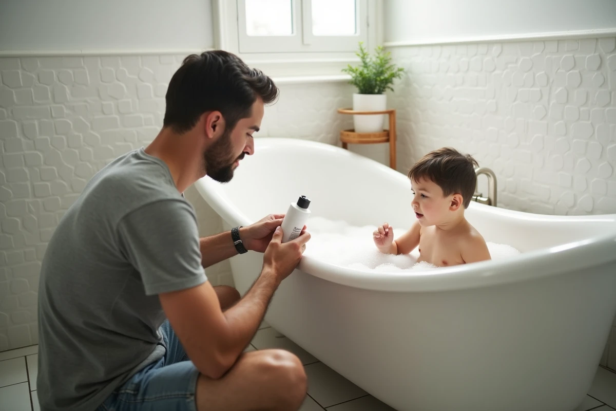 Père lisant attentivement l'étiquette d'un flacon de shampoing sans sulfate sans silicone pour son jeune enfant dans la salle de bain