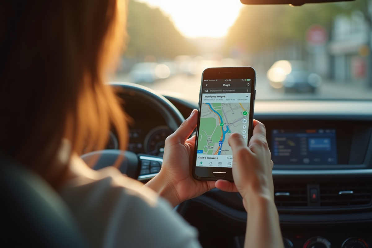 Personne dans une voiture ensoleillee utilisant Waze sur smartphone