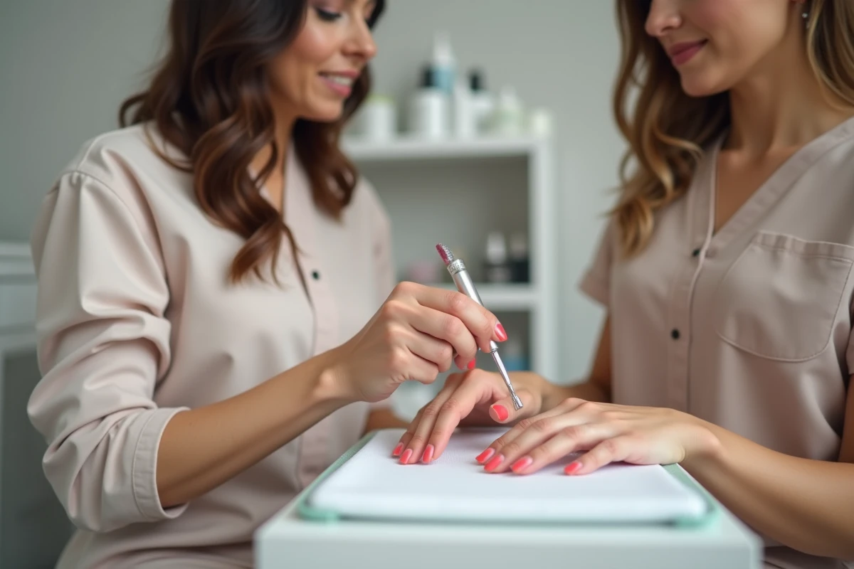 Technicienne en onglerie posant des capsules fines sur les ongles d'une cliente dans un salon moderne