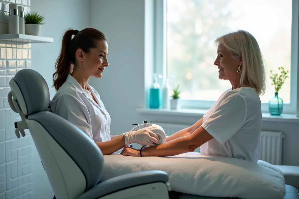Séance d'électrolyse sur le bras d'une femme dans un salon de soin professionnel avec appareil d'électrolyse visible