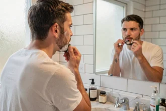 Homme rasant son bouc menton avec précision devant un miroir de salle de bain, illustrant les erreurs courantes de rasage à éviter