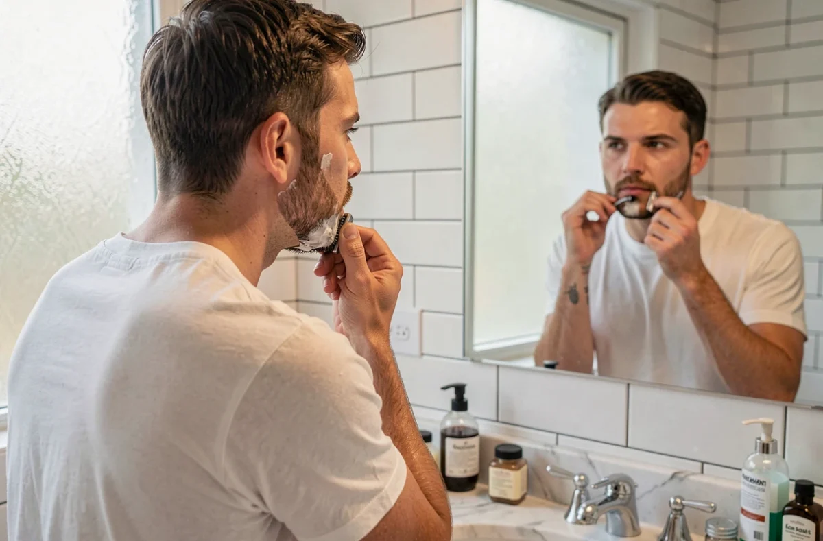 Homme rasant son bouc menton avec précision devant un miroir de salle de bain, illustrant les erreurs courantes de rasage à éviter