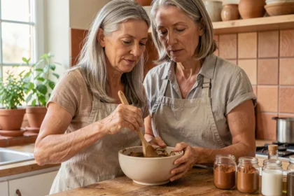 Femme aux cheveux grisonnants préparant un masque capillaire maison à base d'ingrédients naturels dans une cuisine chaleureuse