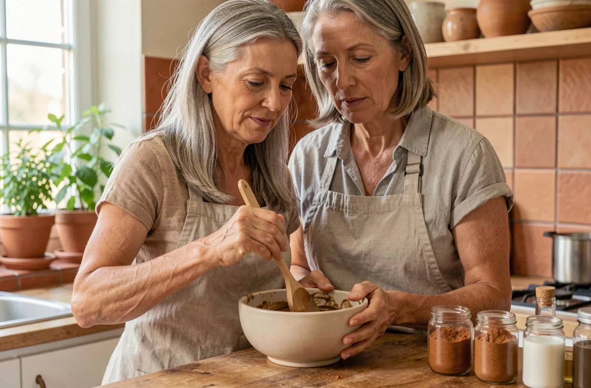 Femme aux cheveux grisonnants préparant un masque capillaire maison à base d'ingrédients naturels dans une cuisine chaleureuse