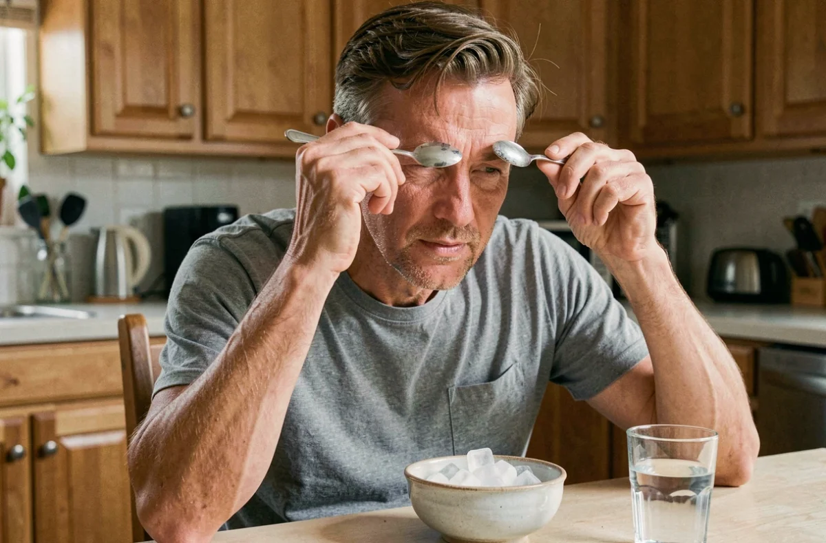 Homme utilisant des cuillères froides pour dégonfler les poches sous les yeux à la maison dans une cuisine