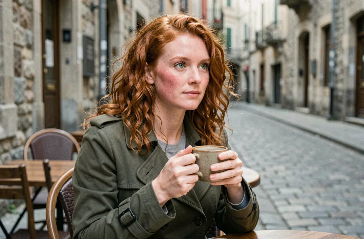 Femme rousse aux yeux verts assis en terrasse de café européen, portrait éditorial illustrant la génétique rare de la rousseur associée aux yeux verts