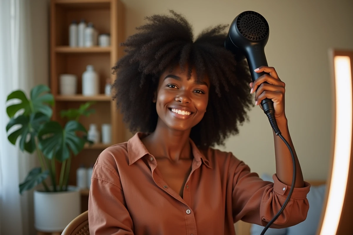 Jeune femme afro utilisant un diffuseur et un protecteur thermique naturel dans sa routine capillaire