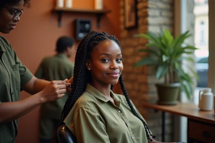 Femme aux cheveux tressés en cornrows dans un salon de coiffure afro à Paris, ambiance authentique et professionnelle