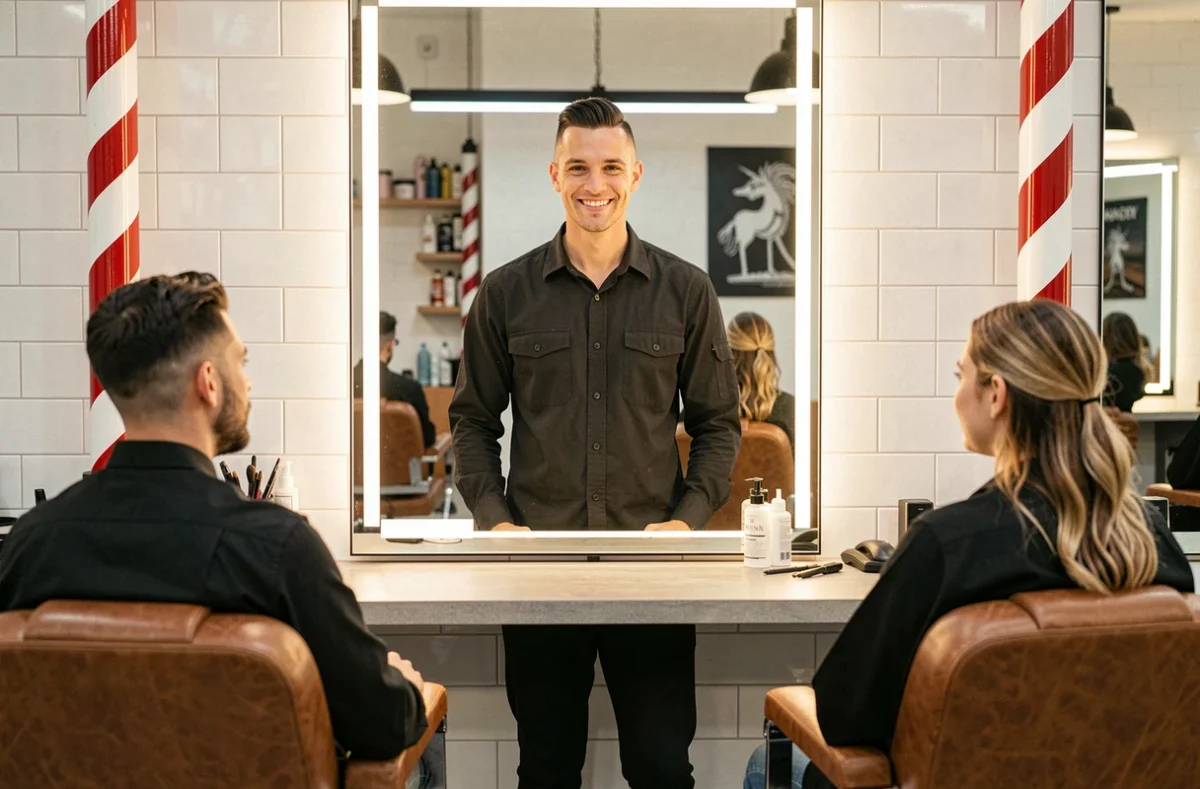 Coiffeur Kevin M posant entre deux clients homme et femme dans son salon à Nancy
