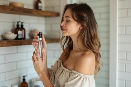 Femme préparant un sea salt beach spray maison dans une salle de bain côtière avec du sel marin et un flacon en verre