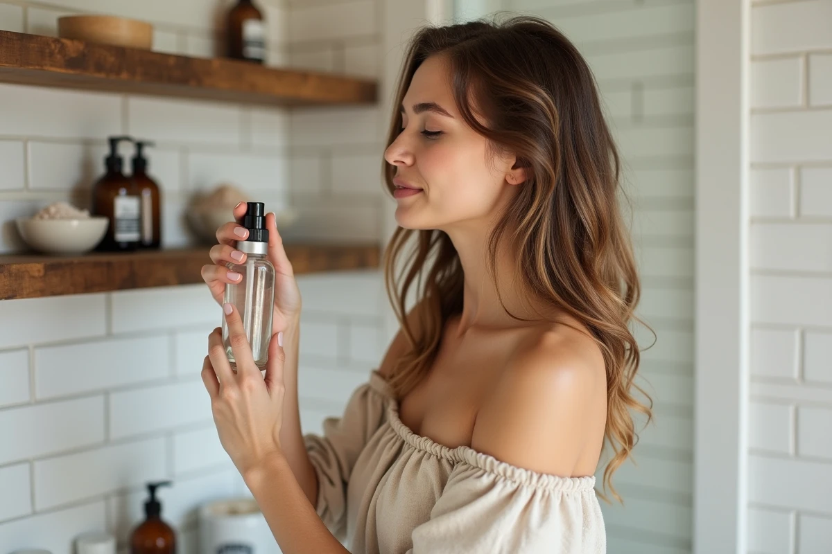 Femme préparant un sea salt beach spray maison dans une salle de bain côtière avec du sel marin et un flacon en verre