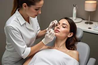 Esthéticienne réalisant une séance d'électrolyse sur le menton d'une cliente dans un cabinet de soins à Montpellier