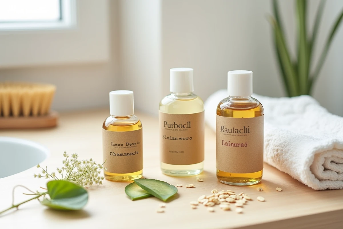 Flacons de shampoing bio sans paraben sans silicone pour enfants posés sur un comptoir en bois avec des ingrédients naturels comme la camomille et l'aloe vera