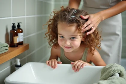 Jeune fille aux cheveux bouclés se faisant laver les cheveux avec un shampoing naturel sans sulfate sans paraben dans une salle de bain familiale