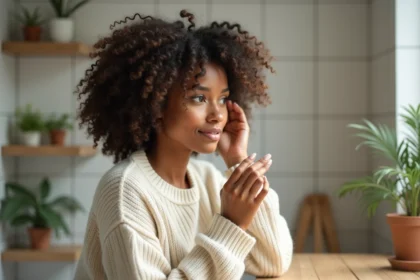 Femme aux cheveux bouclés appliquant une crème coiffante dans sa salle de bain
