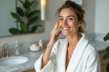 Femme en peignoir appliquant de l'huile sur le visage