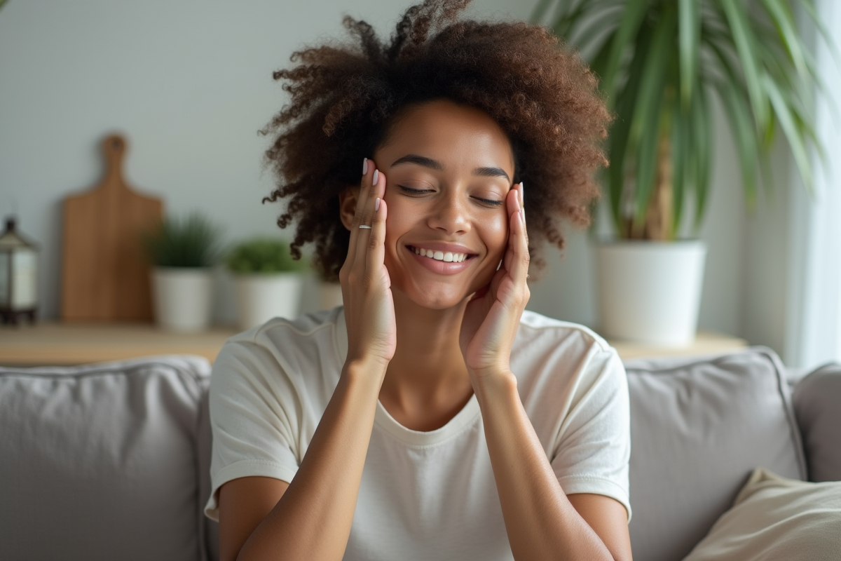 Femme naturelle se massant le visage à la maison