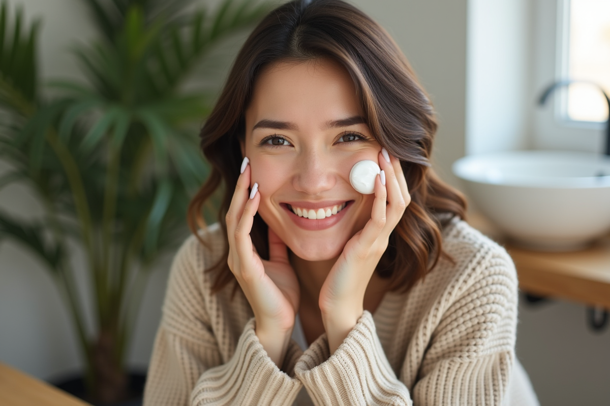 Femme souriante appliquant une creme visage naturelle