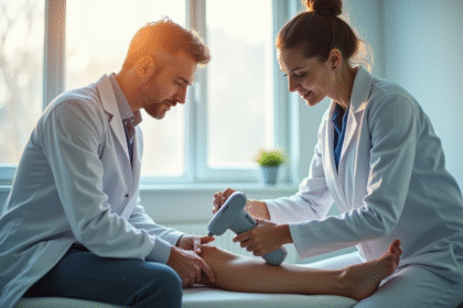 Médecin appliquant un laser médical sur la jambe d'un patient dans une clinique lumineuse