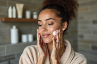 Femme appliquant une creme visage naturelle en salle de bain