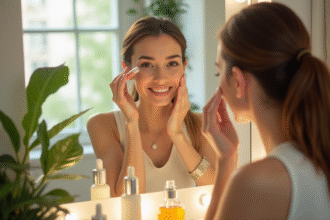 Femme appliquant un serum visage dans une salle de bain lumineuse