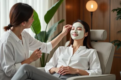 Femme détendue recevant un masque facial dans un spa moderne