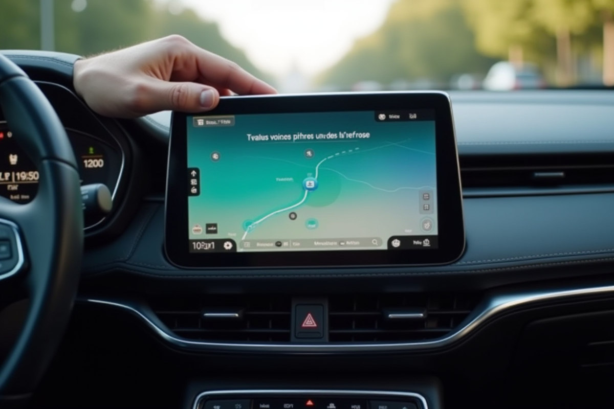 Tableau de bord moderne avec Waze en français et doigt ajustant la voix