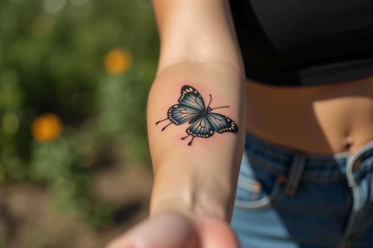 Bras tatoué sous la lumière naturelle en extérieur