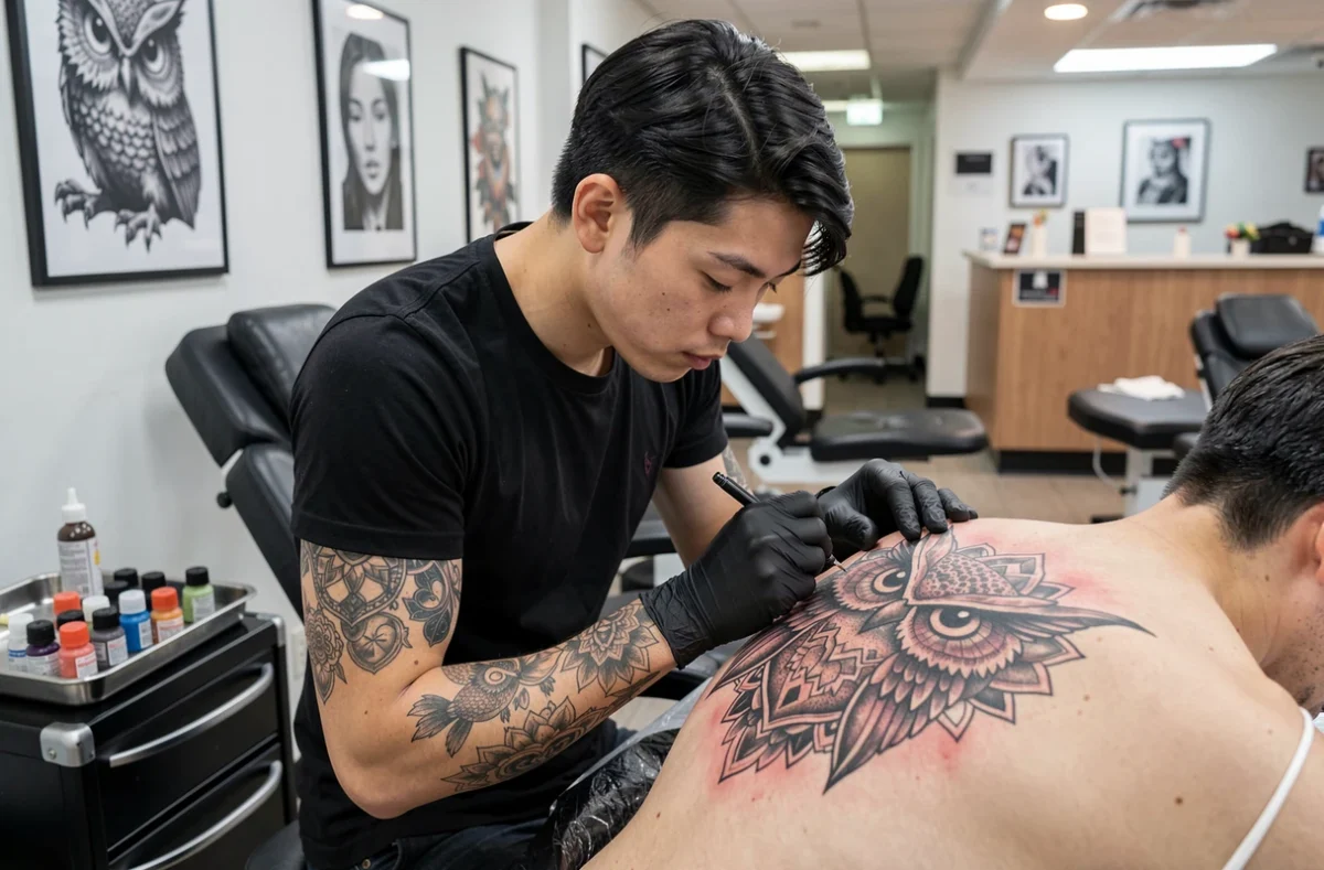 Tatoueuse appliquant un tatouage hibou néo-traditionnel géométrique sur l'épaule d'un client dans un studio professionnel