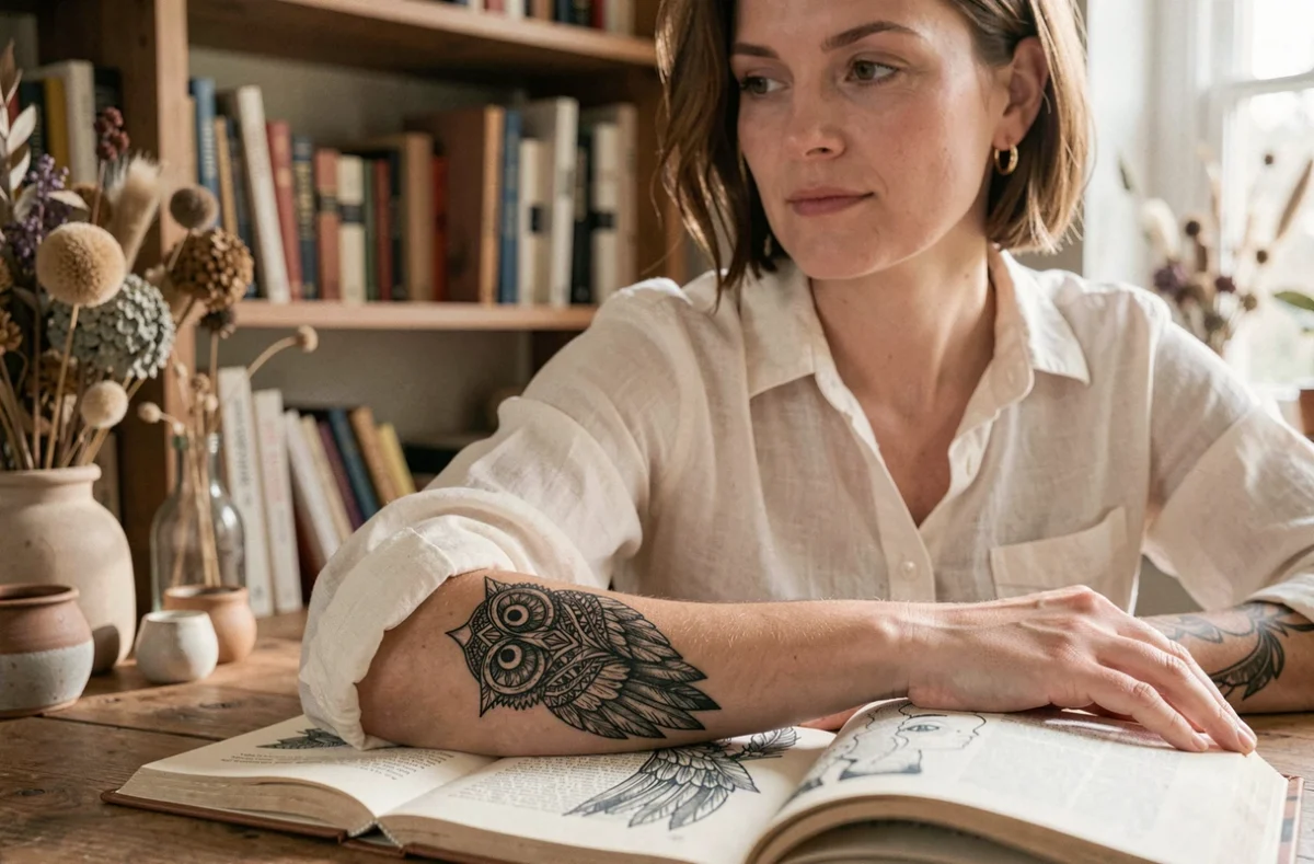 Femme aux bras tatoués d'un hibou géométrique consultant un livre de symbolisme dans un bureau artistique chaleureux