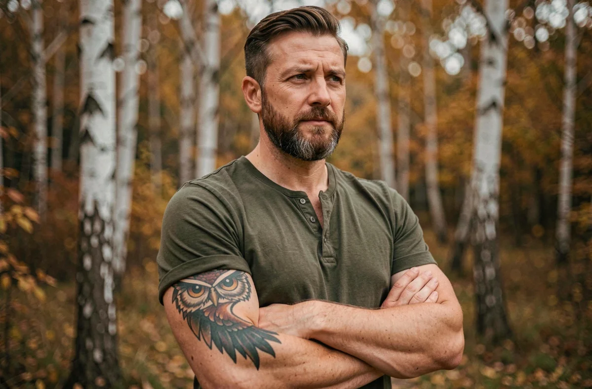 Homme barbu en forêt automnale montrant son tatouage hibou traditionnel américain coloré sur le bras