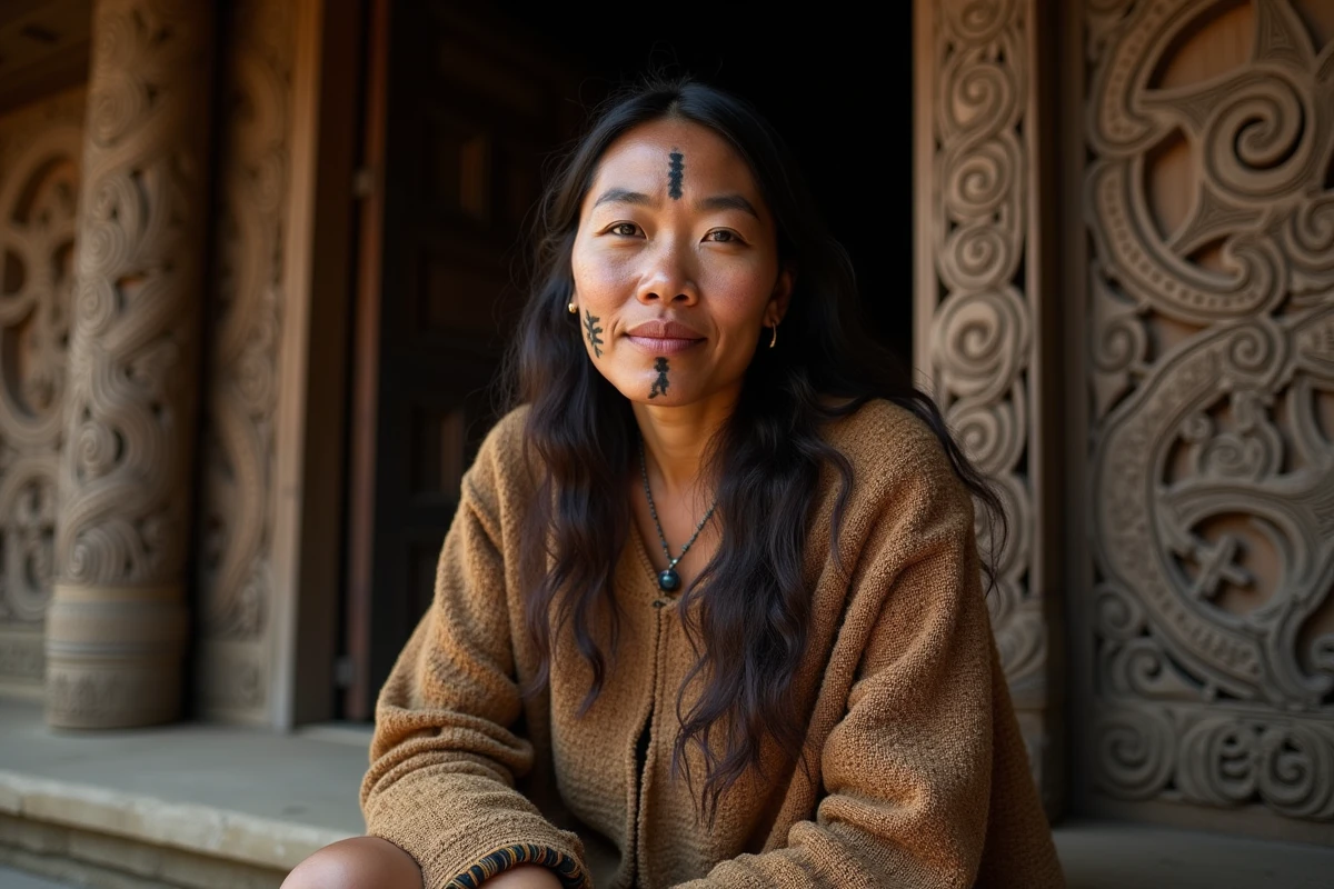 Femme maorie portant un tatouage tā moko sur le menton et un manteau korowai tissé, assise devant une maison de réunion sculptée traditionnelle