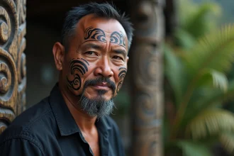 Portrait rapproché d'un homme maori avec tatouage facial tā moko traditionnel, motifs spiralés sur le menton et les joues, décor naturel néo-zélandais