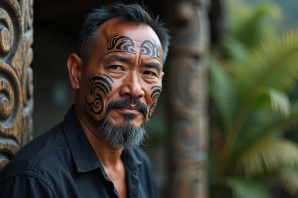Portrait rapproché d'un homme maori avec tatouage facial tā moko traditionnel, motifs spiralés sur le menton et les joues, décor naturel néo-zélandais