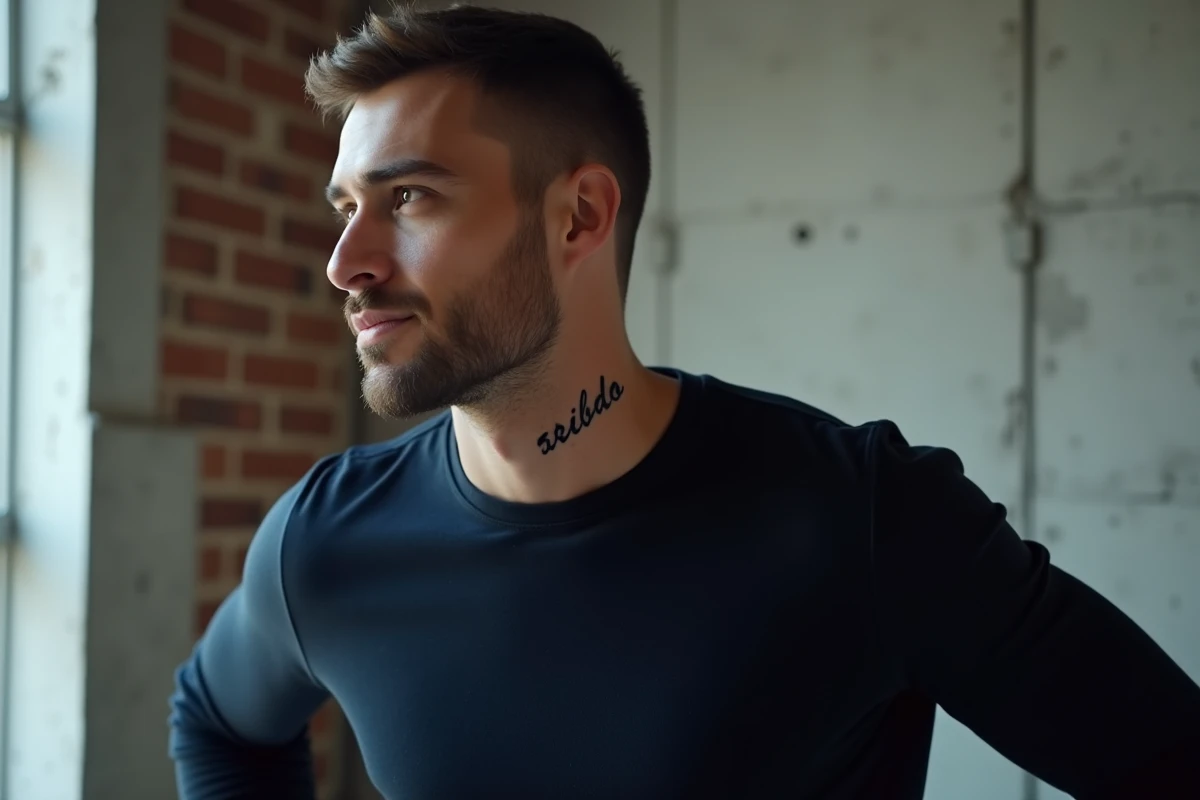 Tatouage prénom en lettres fines sur la clavicule d'un homme au style minimaliste dans un loft urbain