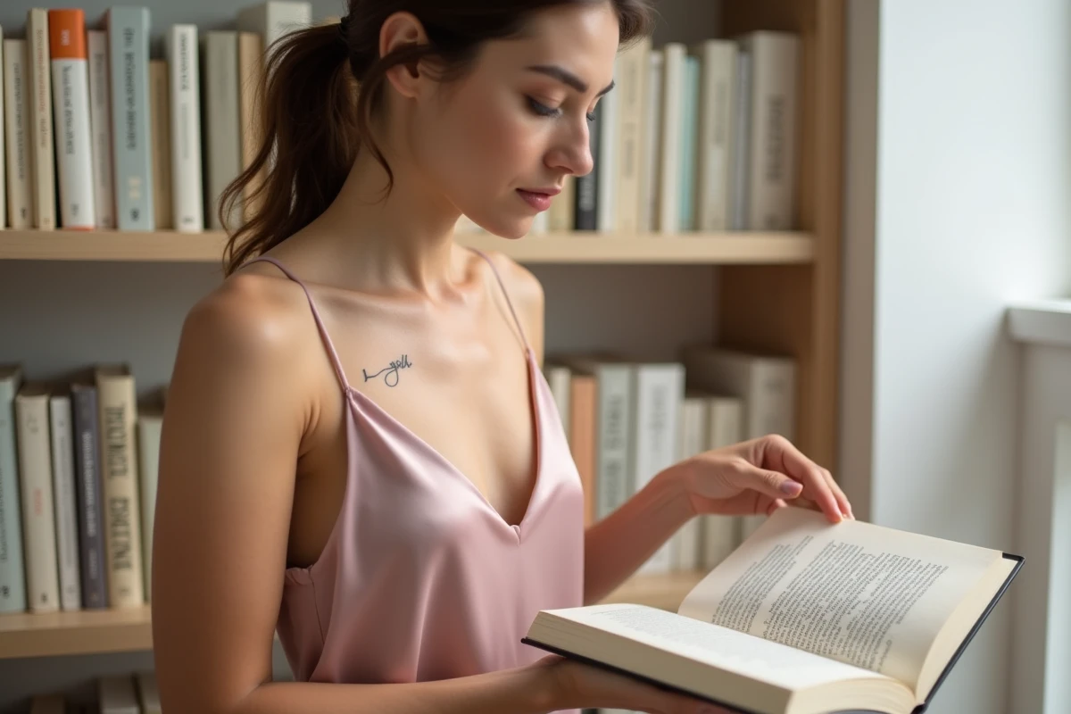 Tatouage prénom minimaliste en cursive sur l'avant-bras d'une femme chic dans une bibliothèque maison