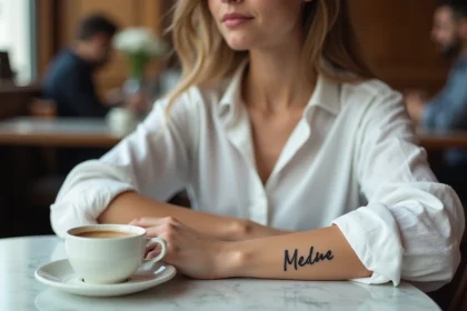 Tatouage prénom minimaliste en écriture fine sur le poignet d'une femme élégante dans un café parisien