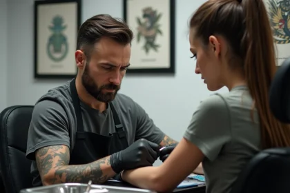 Tatoueur examinant un tatouage raté sur l'avant-bras d'une cliente en studio de tatouage professionnel