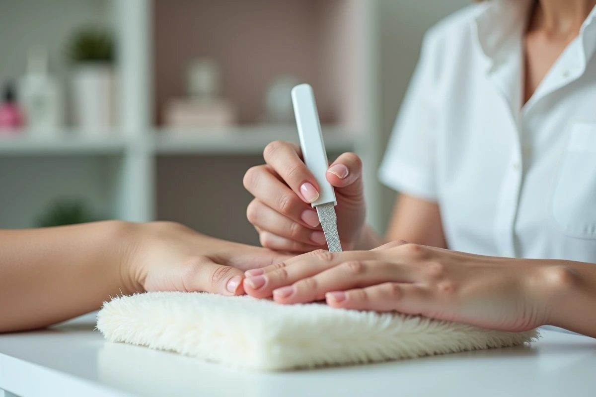 Technicienne en manucure limage les ongles d'une cliente en salon pour prévenir le pinçage et la casse