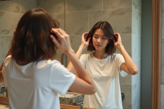 Femme testant une coupe de cheveux courte devant un miroir de salle de bain en tenant ses cheveux relevés