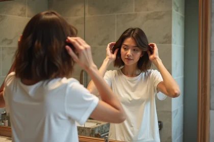 Femme testant une coupe de cheveux courte devant un miroir de salle de bain en tenant ses cheveux relevés